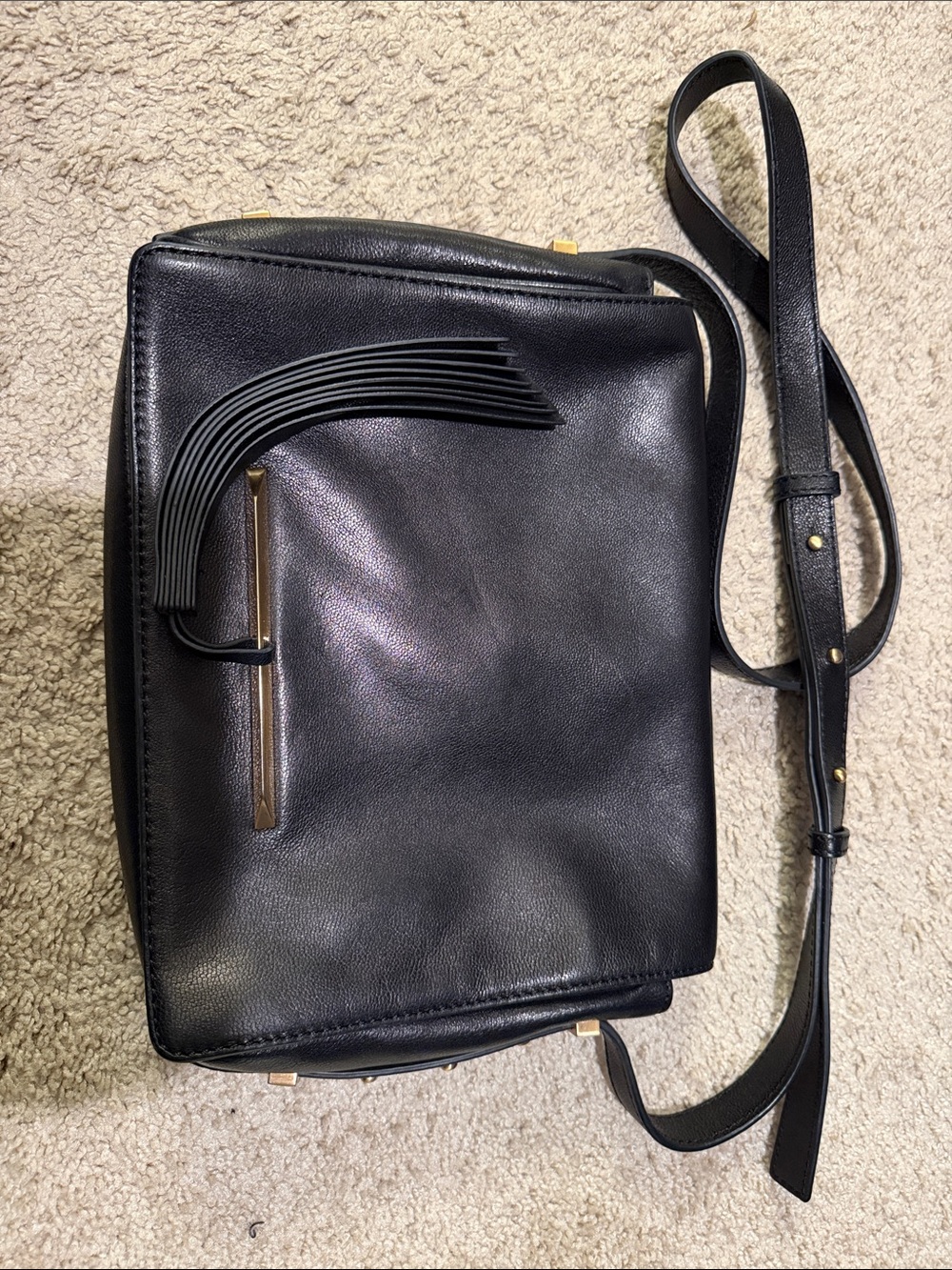 Brian Atwood Black Leather Crossbody Bag with Fringe Detail